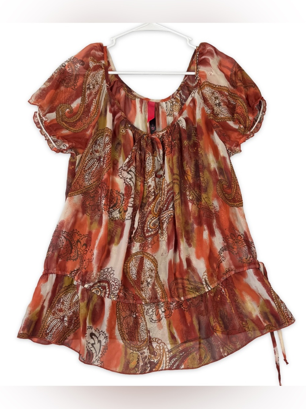Pure Energy Chiffon Blouse Womens 1X Keyhole Neck Paisley Print Top Short Sleeve